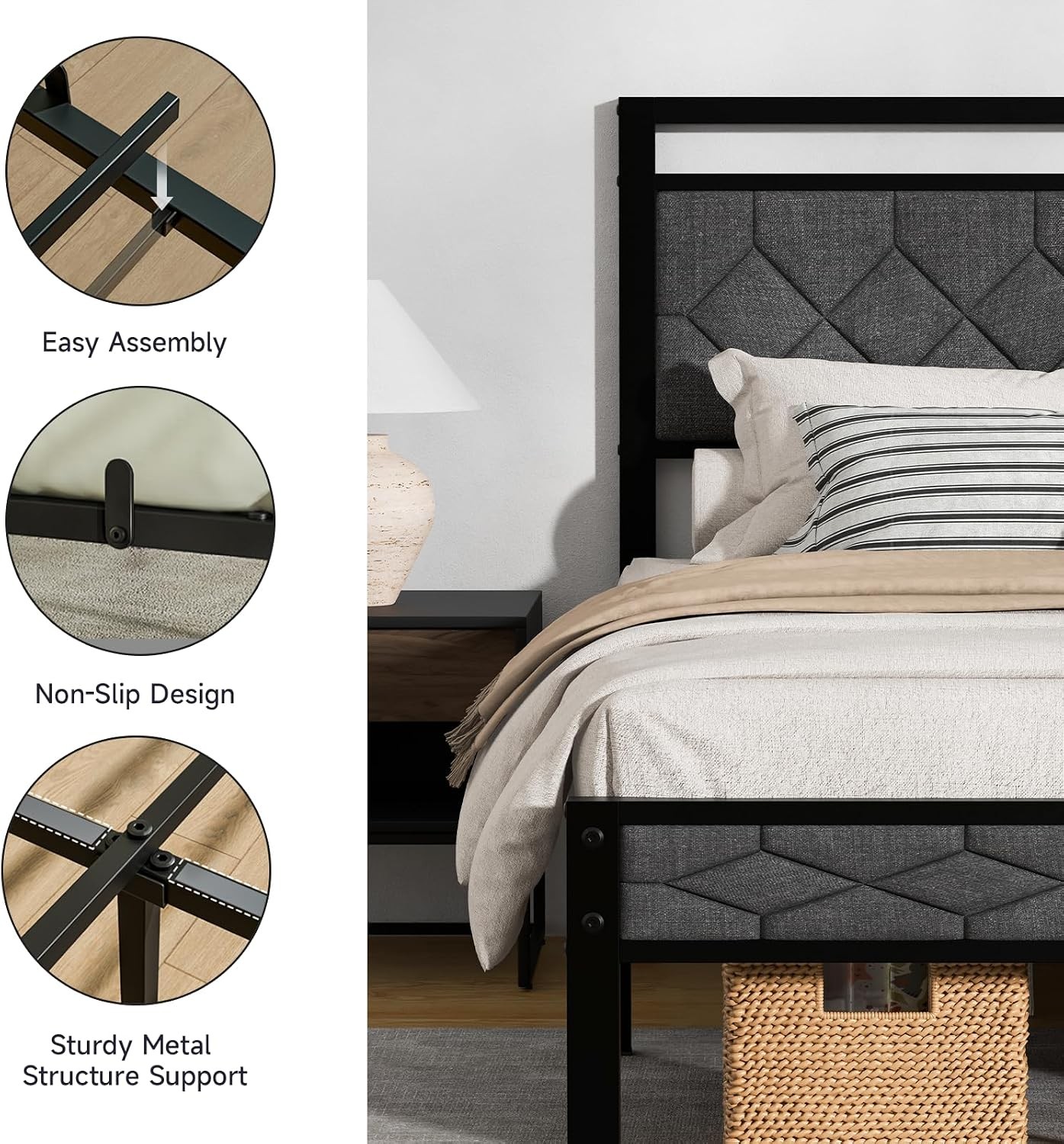 Easy Assembly Upholstered Queen Bed Frame&Soft Padded Headboard | Metal