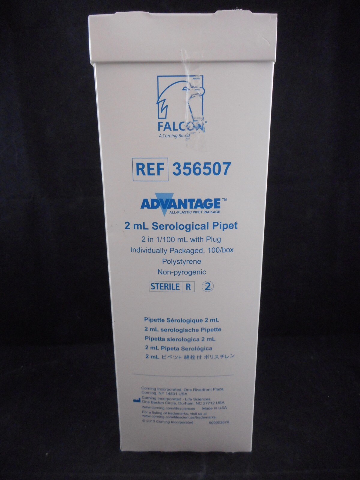 FALCON Plastic 2mL Serological Pipet Polystyrene 0.01 Increments 356507 100/BOX
