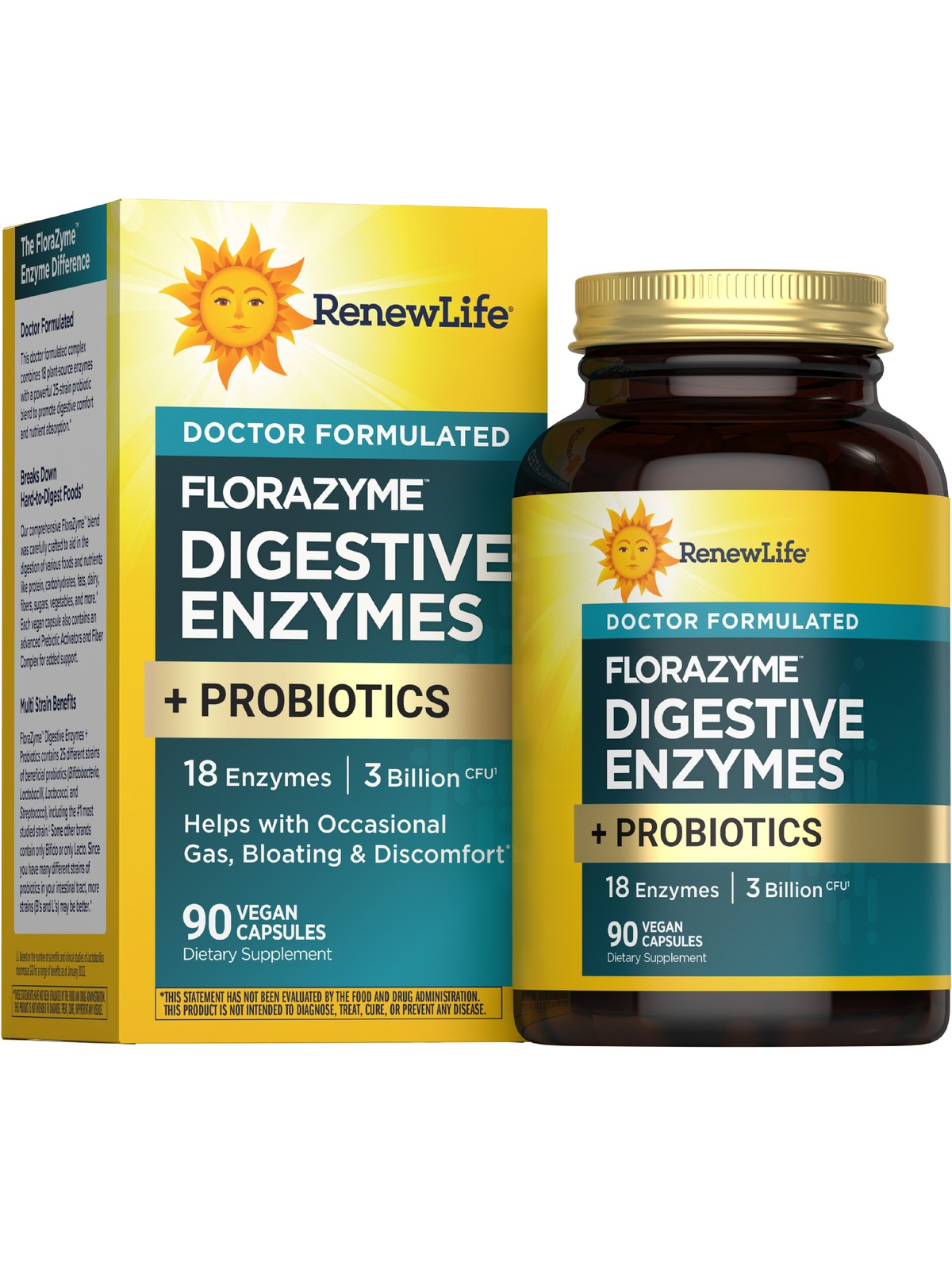 Florazyme Digestive Enzymes | 90 Vegan Capsules | + Probiotics | by Renew Life