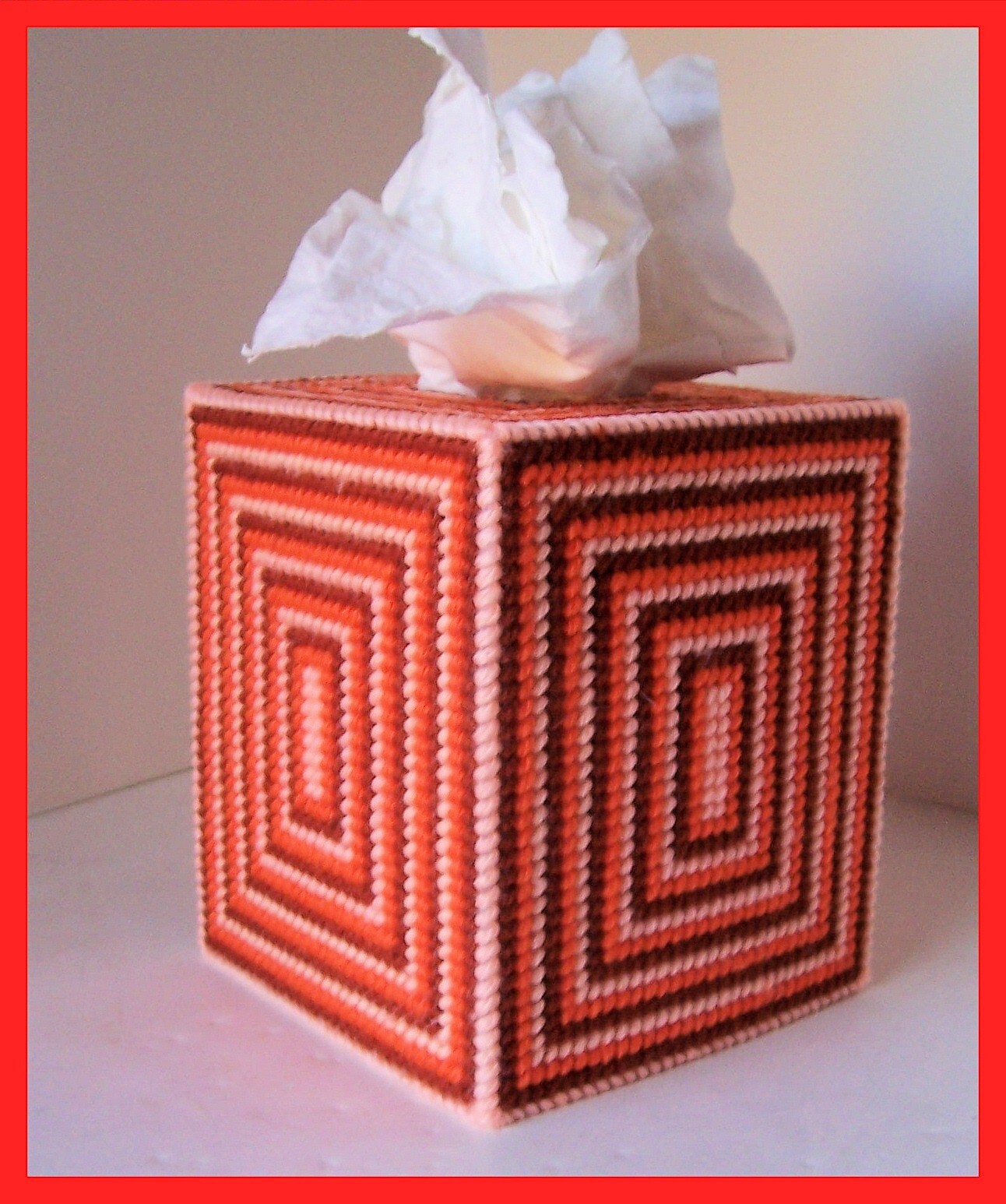 SHADES OF ORANGE NURSERY HANDMADE PLASTIC CANVAS TISSUE BOX COVER TOPPER