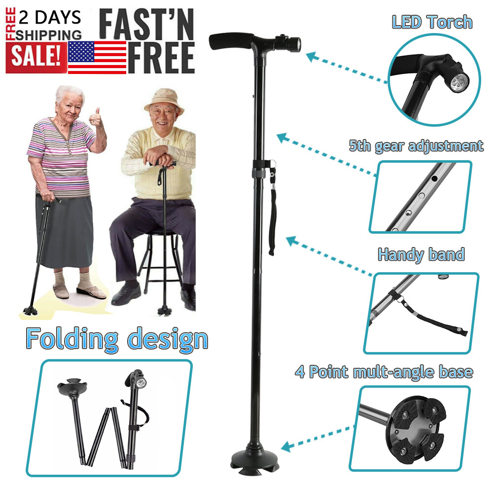 Extendable 5-Levels Adjustable Height LED Walking Cane Retractable Walking Stick