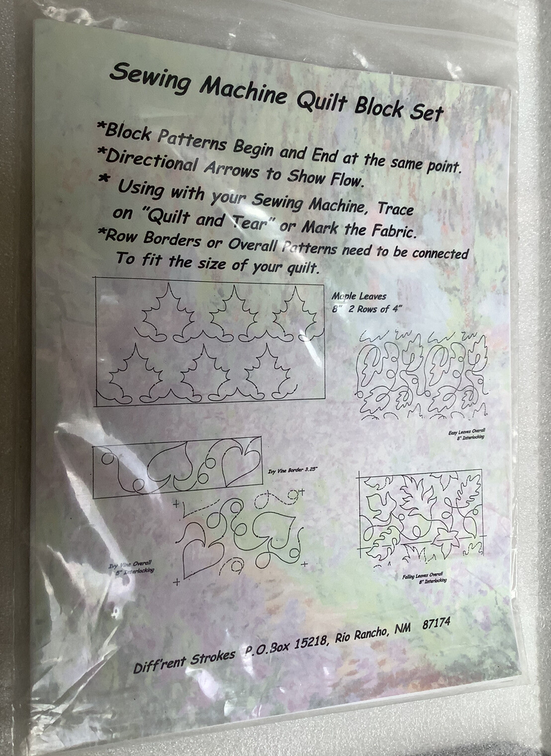 Sewing Machine Quilt Block Set Continuous Line Patterns Leaves 9 x 9”
