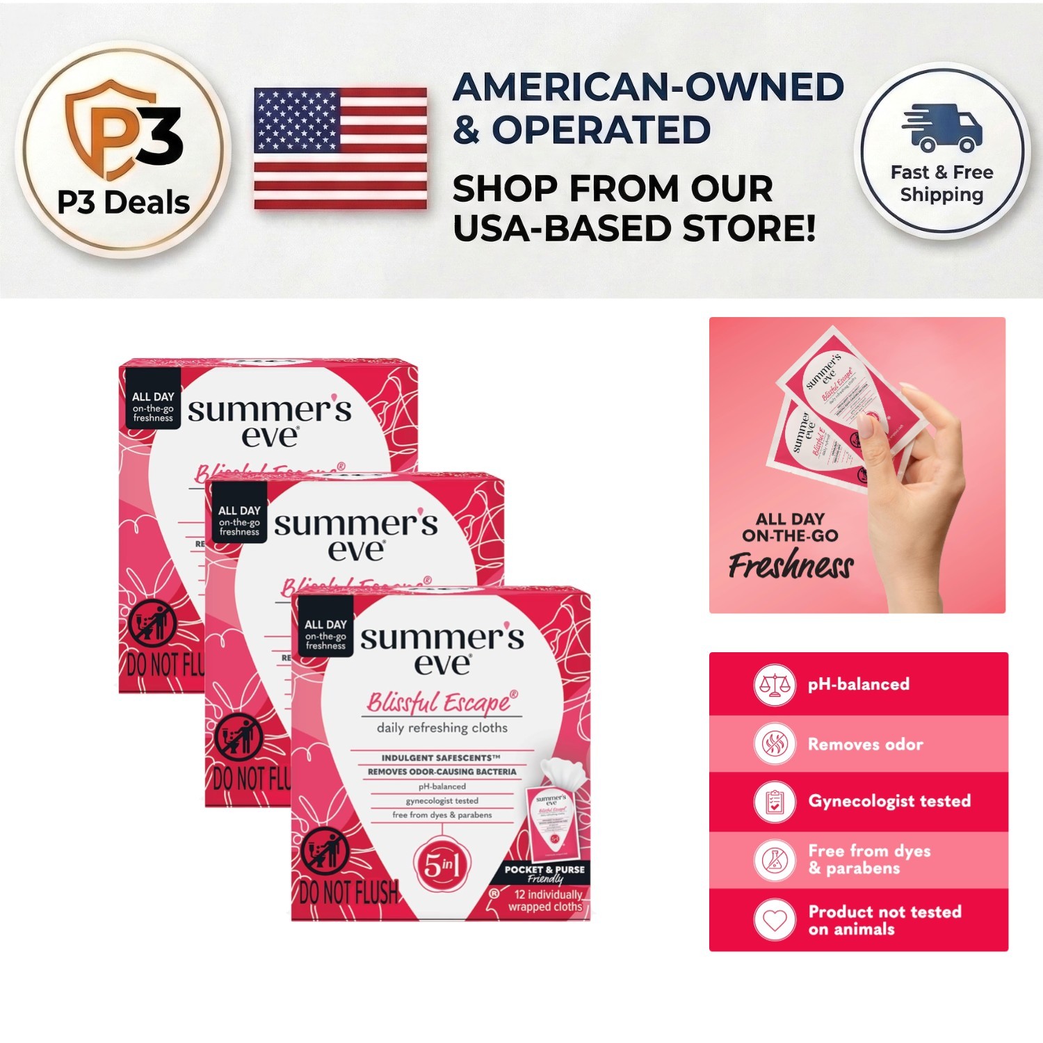 Daily Refreshing Feminine Wipes: 3 Pack with Blissful Escape Scent (36 Total)