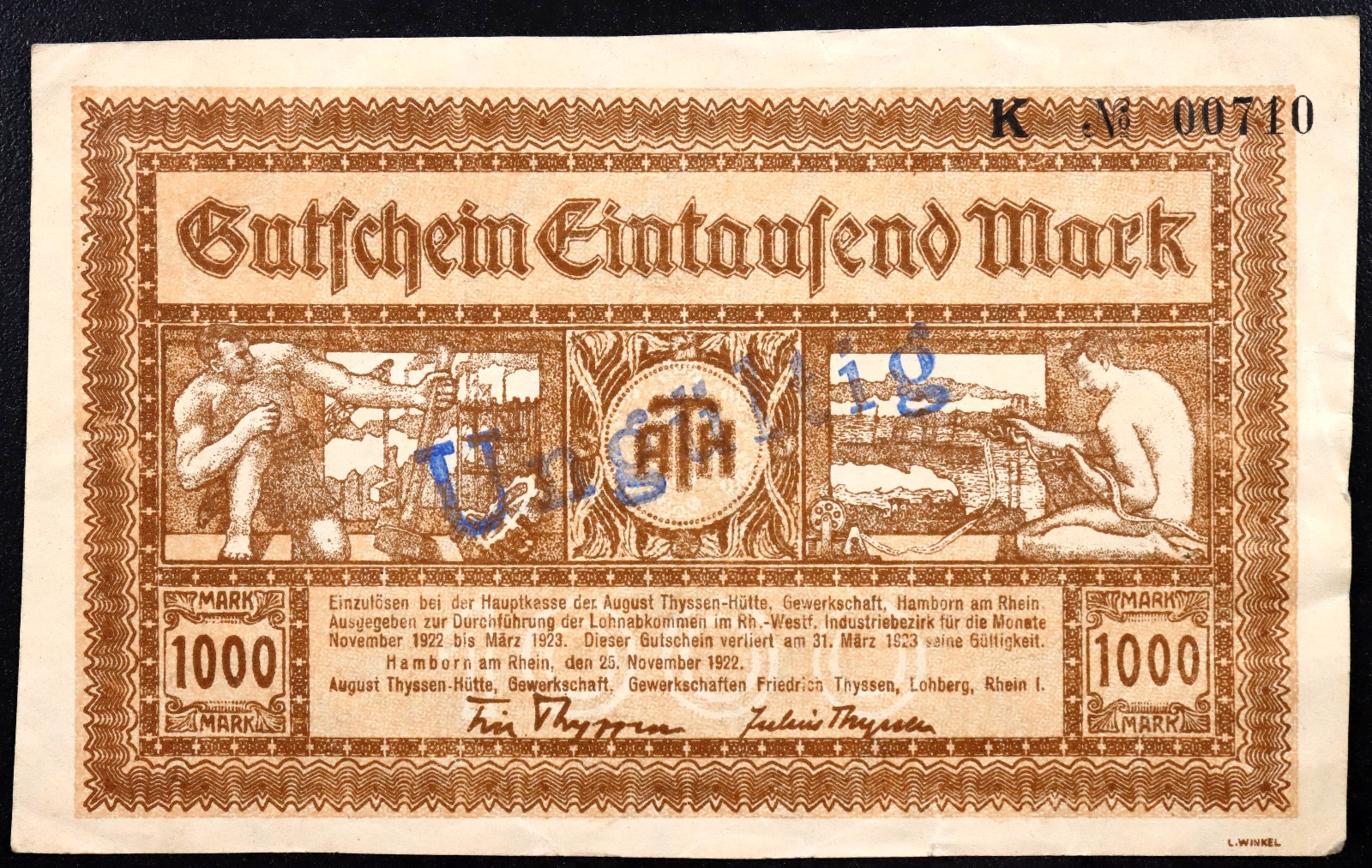 HAMBORN 1922 XX-RARE 1000 Mark "August Thyssen" Early Inflation Notgeld Banknote
