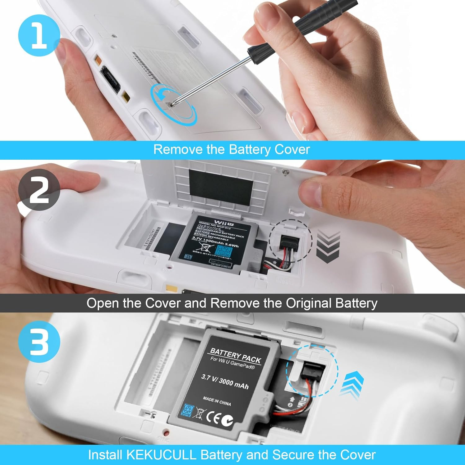 2Pcs Battery for Wii U Gamepad, Rechargeable Battery Replacement & Screwdriver