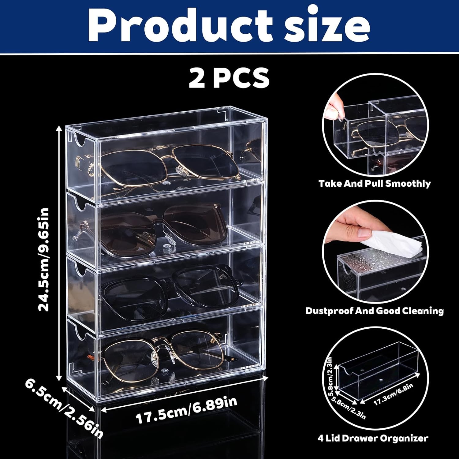 2PCS Clear Acrylic Sunglasses Organizer Plastic Stackable Eyeglass Case Storage