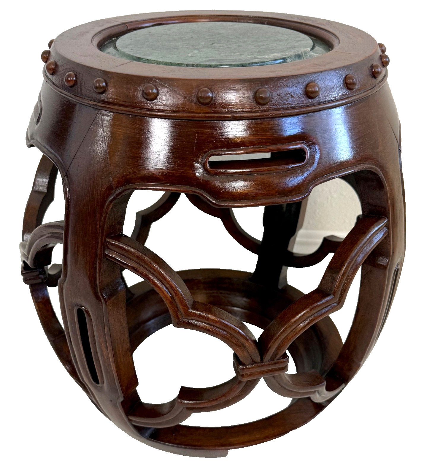 Late 19th-C Chinese Hongmu Marble Top Yuandeng  Drumstool