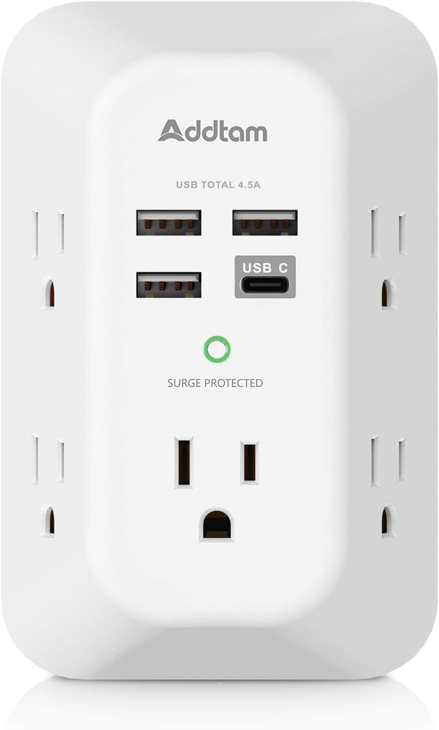 Addtam USB Wall Charger Surge Protector 5 Outlet Extender with 4 USB Charging Po