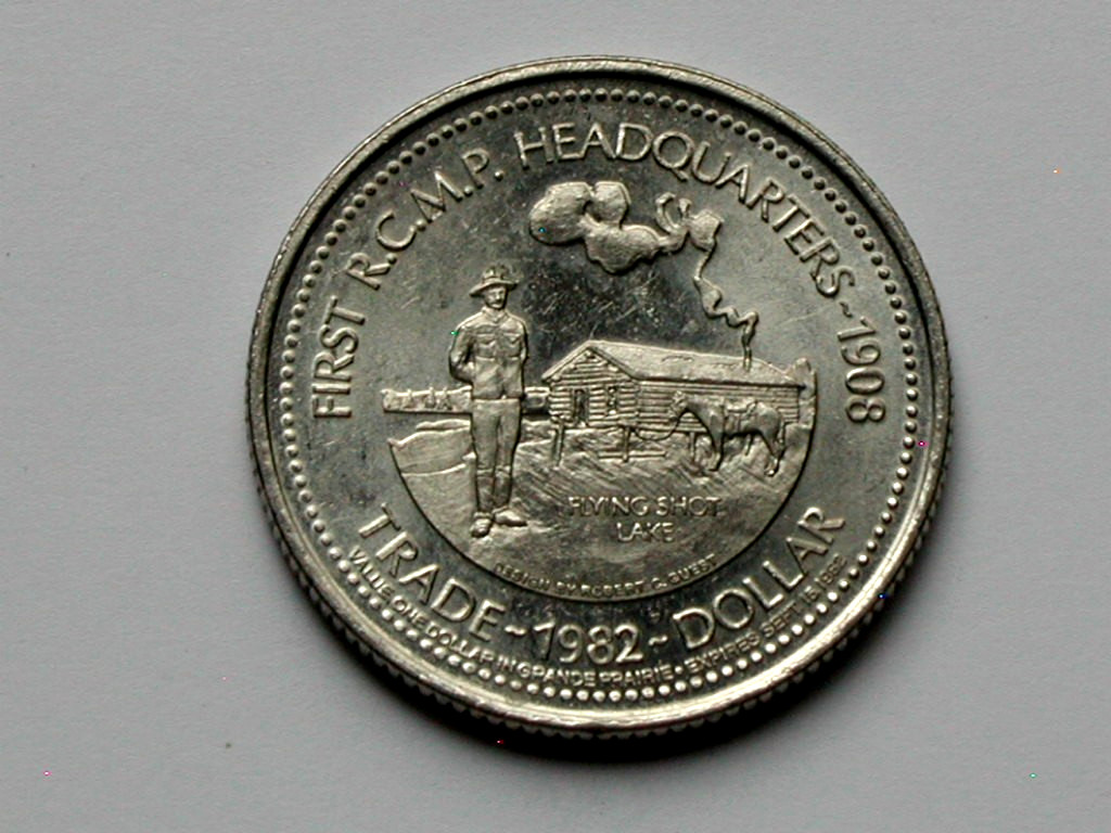 Grande Prairie AB CANADA 1982 Trade DOLLAR Token with RCMP Police Station & Swan