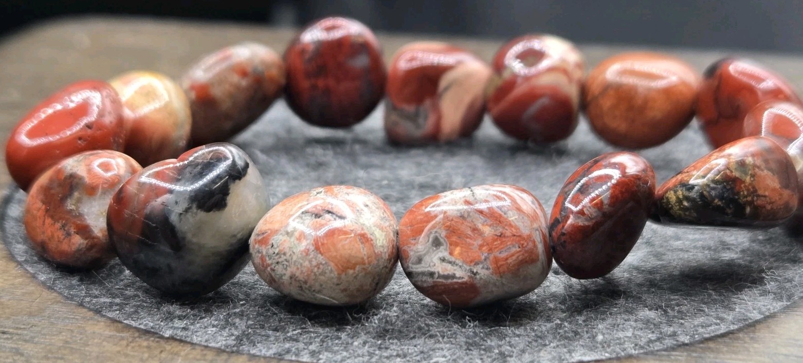 Polished Jasper Stone Stretchy Gemstone Bracelet Earth Tones Orange 7⅞"