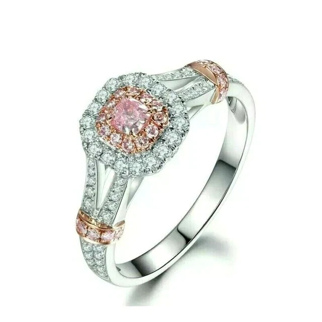 4CT Round Lab Created Pink Diamond 14k White Gold Plated Halo Engagement Ring