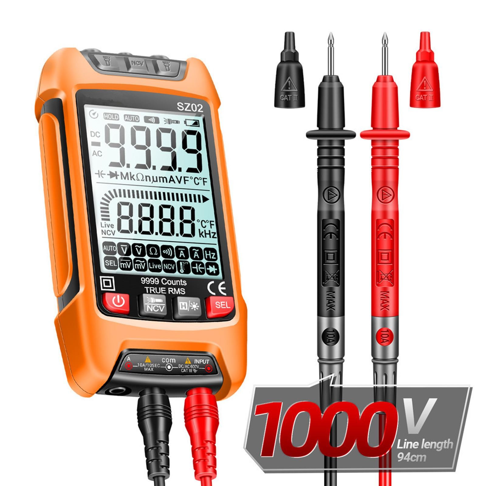 Digital Multimeter 9999 Counts True RMS Auto Electrical Capacitance Meter Temp,