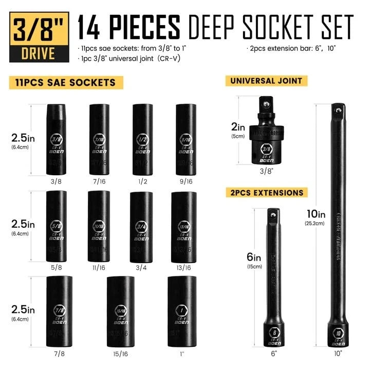 14-Piece 3/8" Drive Deep SAE Impact Socket Set, 3/8" to 1" Socket, 14Pcs Deep