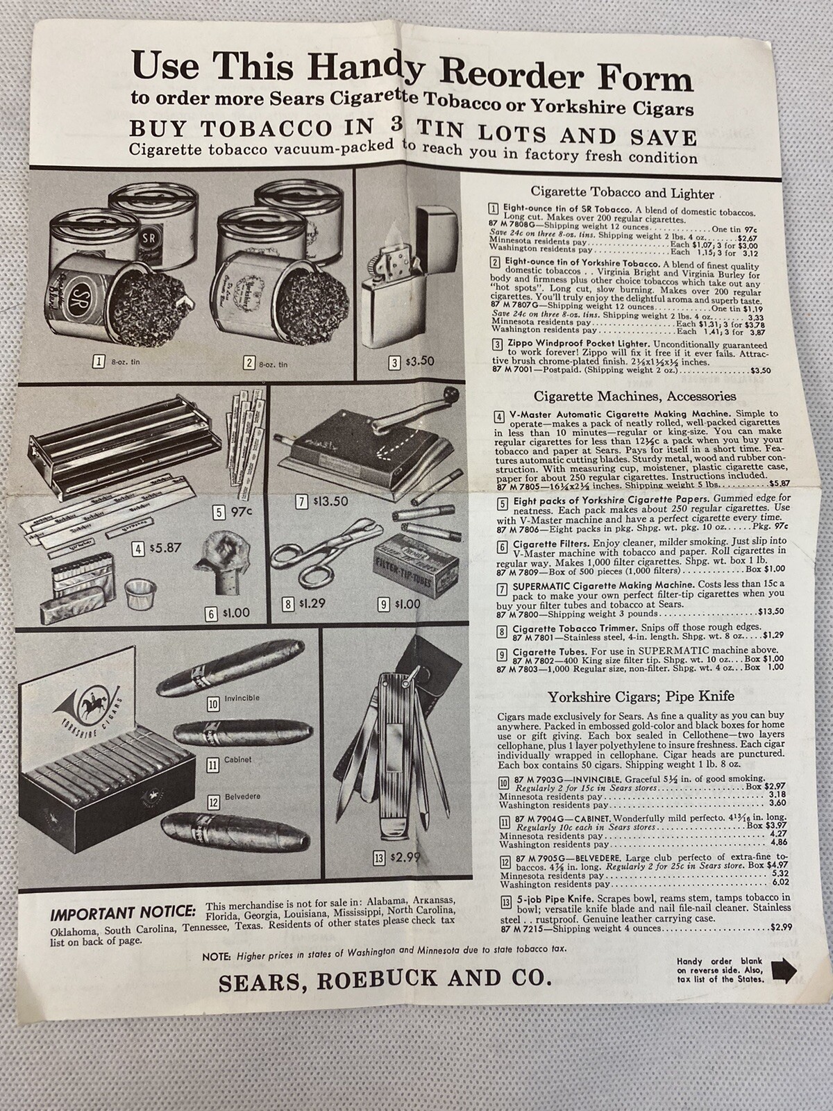 Sears Reorder Form Cigarette Tobacco Yorkshire Cigars 53584.7.1.66 P6E