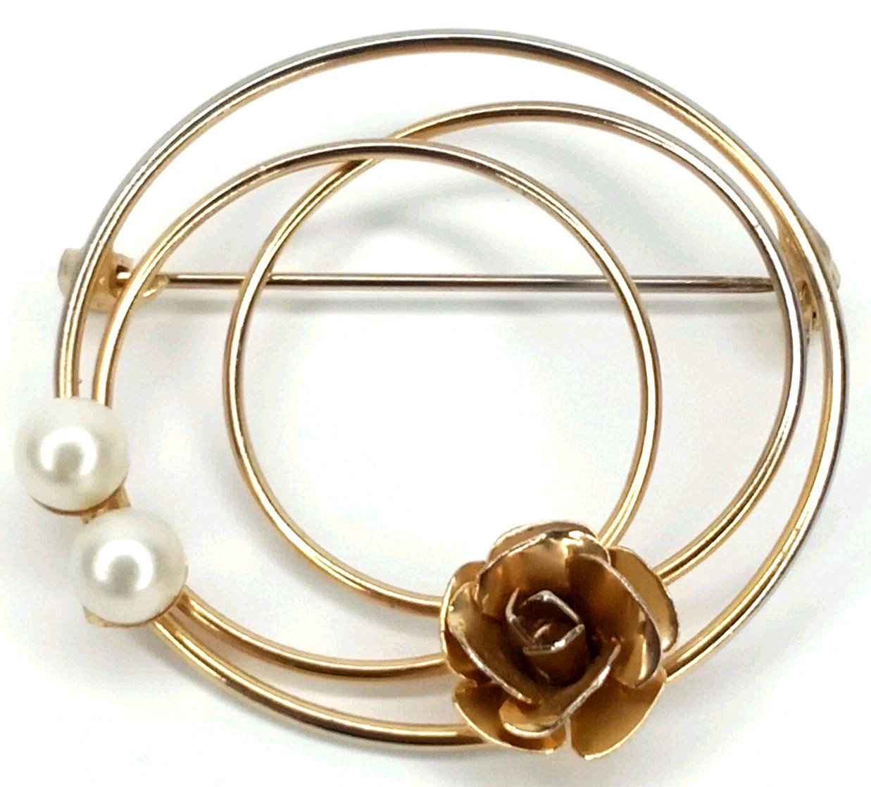 Vintage Gold Tone Rose Pearl Brooch Pin Concentric Circle MCM Jewelry