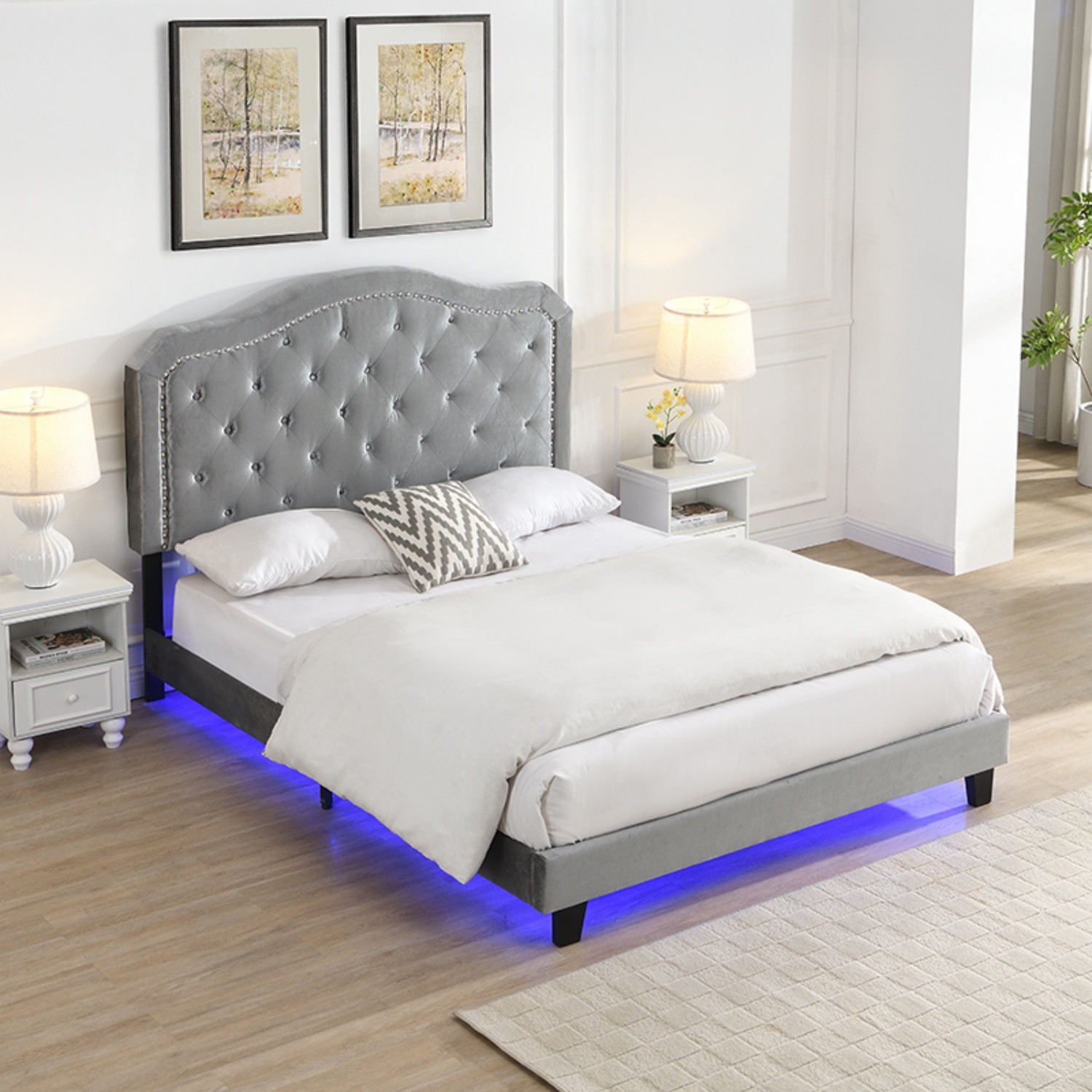 Queen Size Bed Frame Upholstered Platform Bed with LED Lights Black/Light Gray