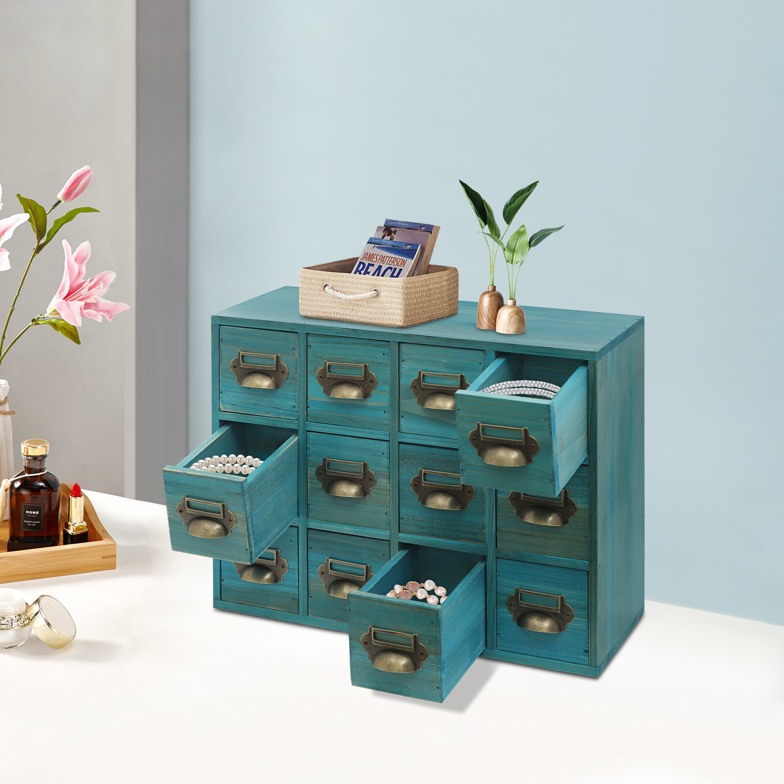 Blue 12Drawer Storage Cabinet Rectangular Desktop Drawer Organizer WoodenCabinet