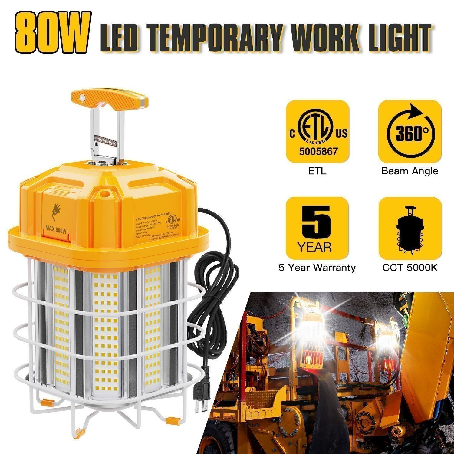 80W LED Temporary Work Light Waterproof Outdoor Construction High Bay Lights ETL