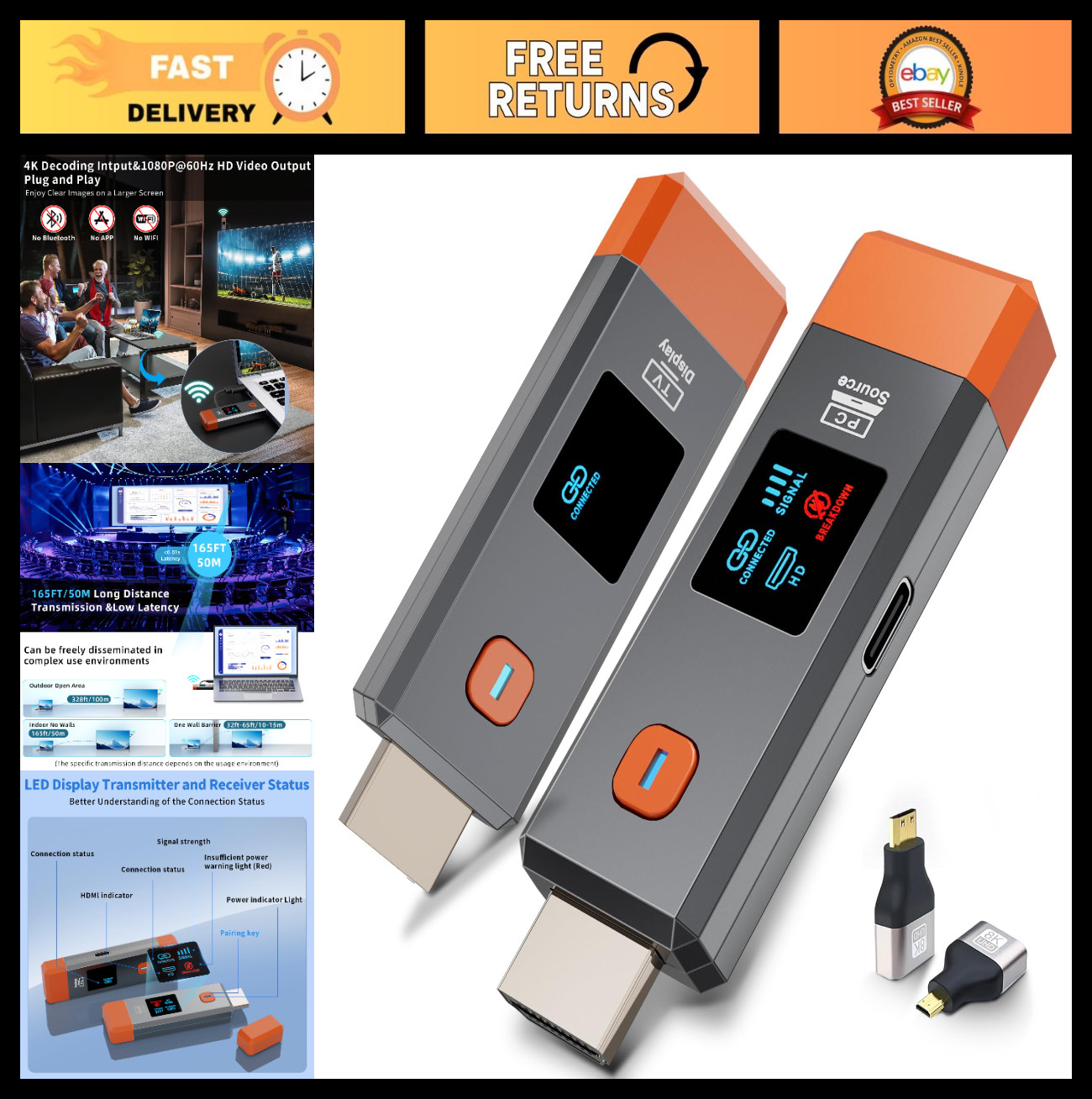 Wireless HDMI Transmitter & Receiver 328ft 4K 1080P Extender Plug & Play for PC/