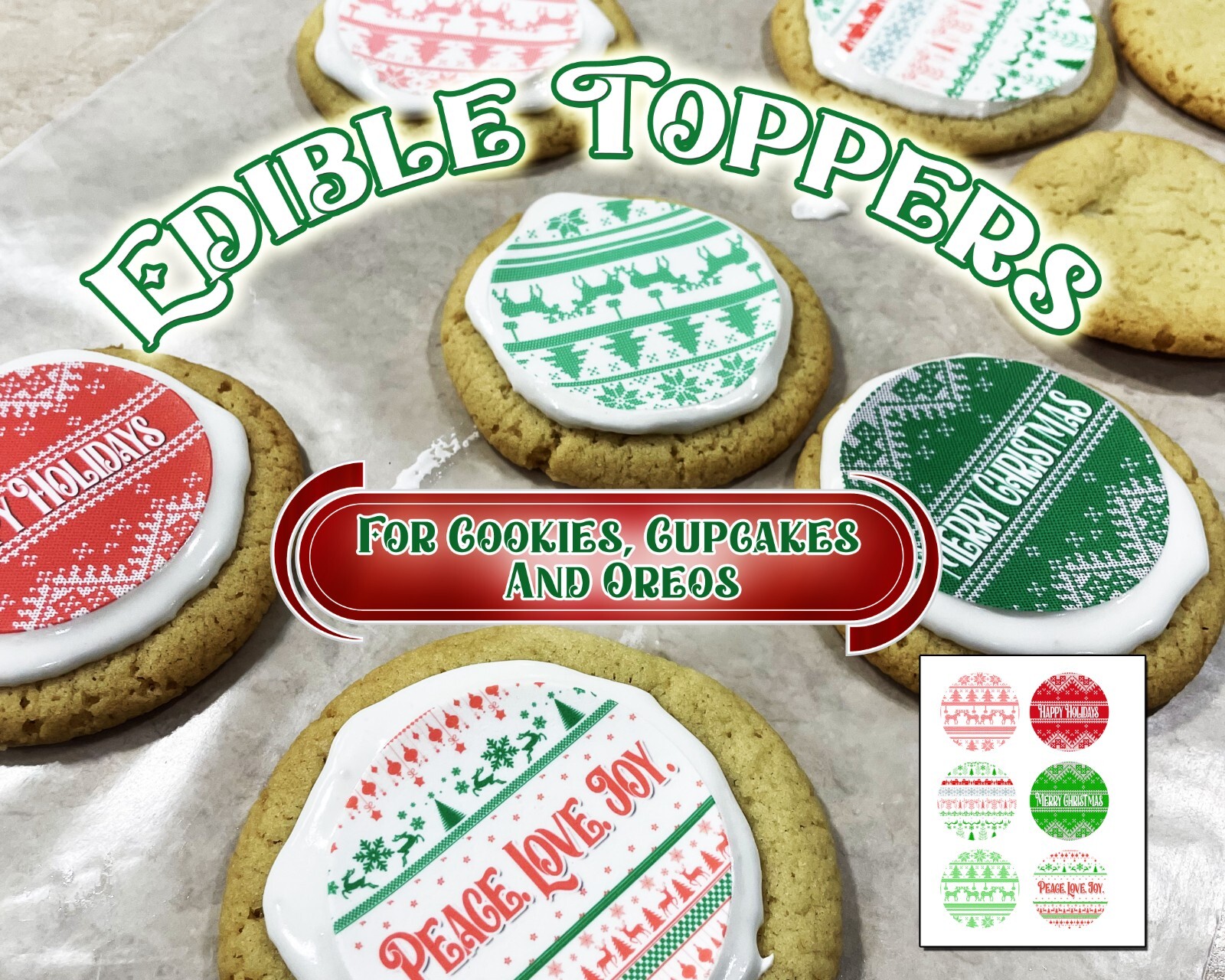 Edible Christmas sweater cupcakes, cookies or oreo circle toppers. Round disk