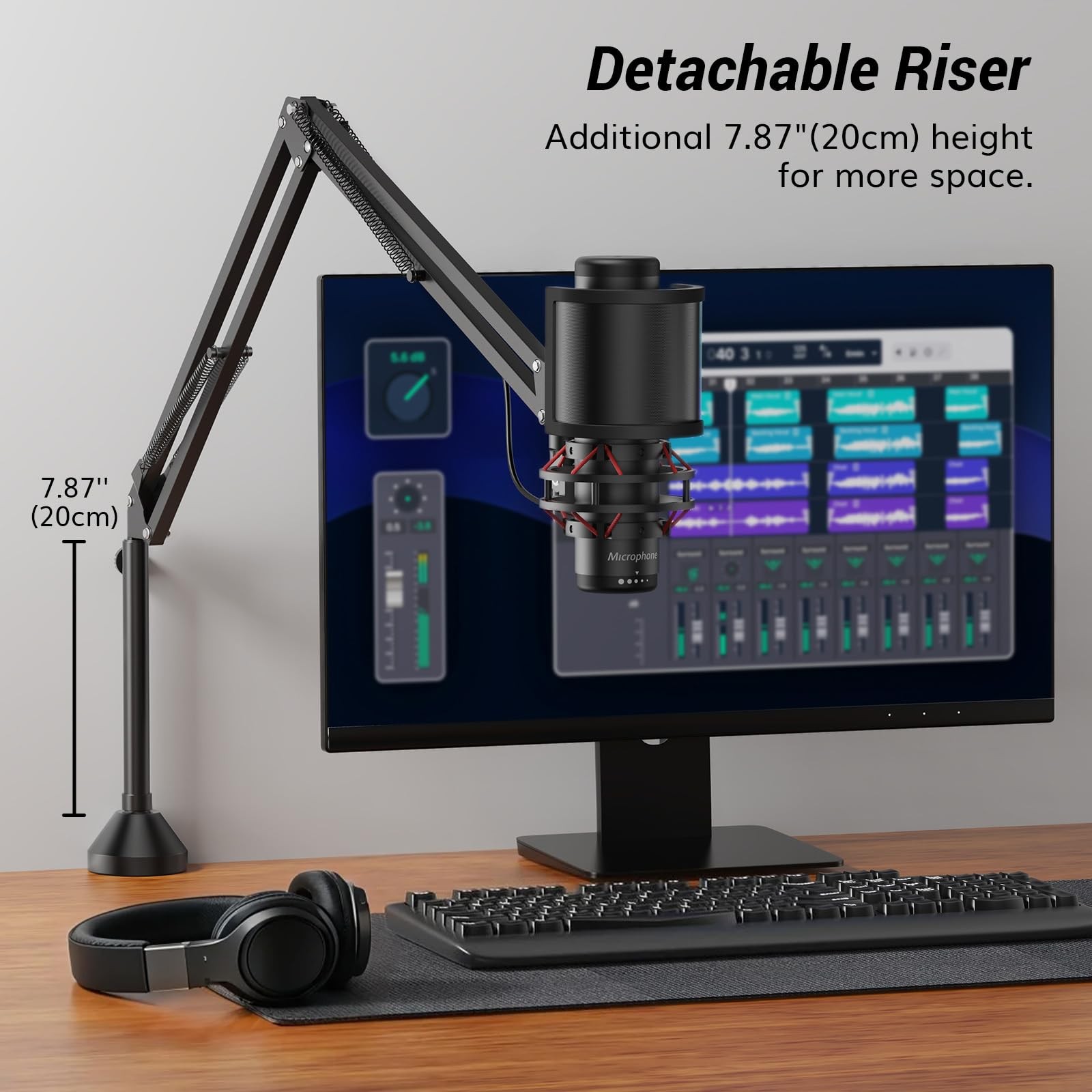 Microphone Boom Arm Adjustable Stand Pop Filter 3/8 & 5/8 Adapter Riser T10L+