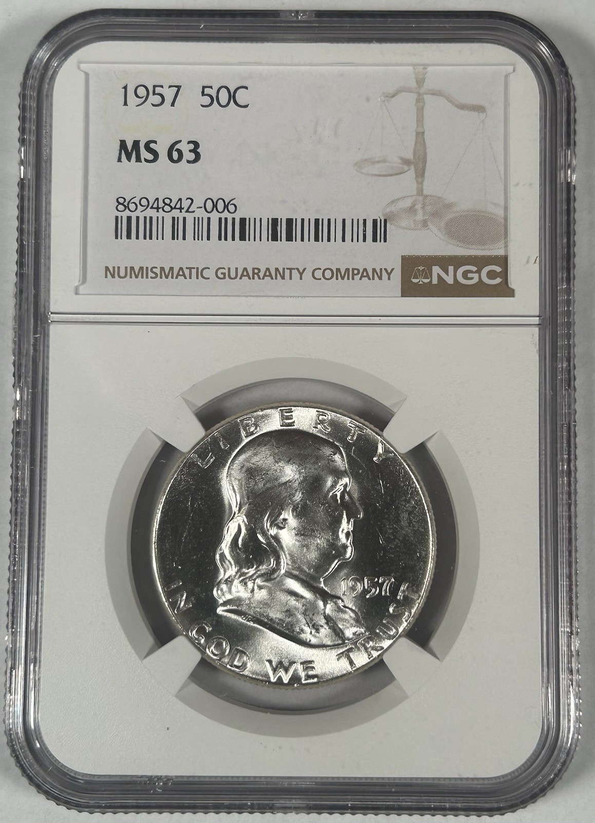 1957 Franklin Half Dollar Coin NGC MS 63