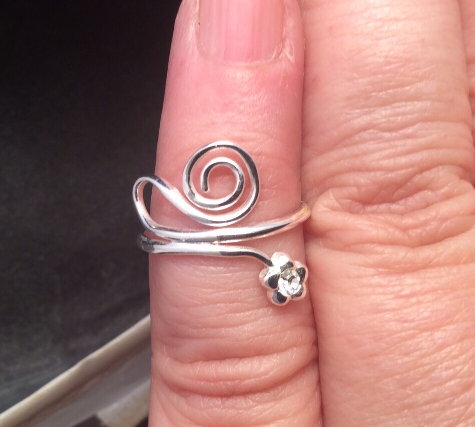 Sterling silver Adjustable Flower Rhinestone Scroll Toe Band Ring Signed HAN