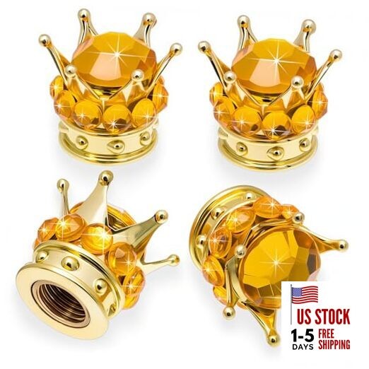 4PCS Crown Bling Tire Stem Valve Caps, Crystal Diamond Car Wheel Gold & Gold