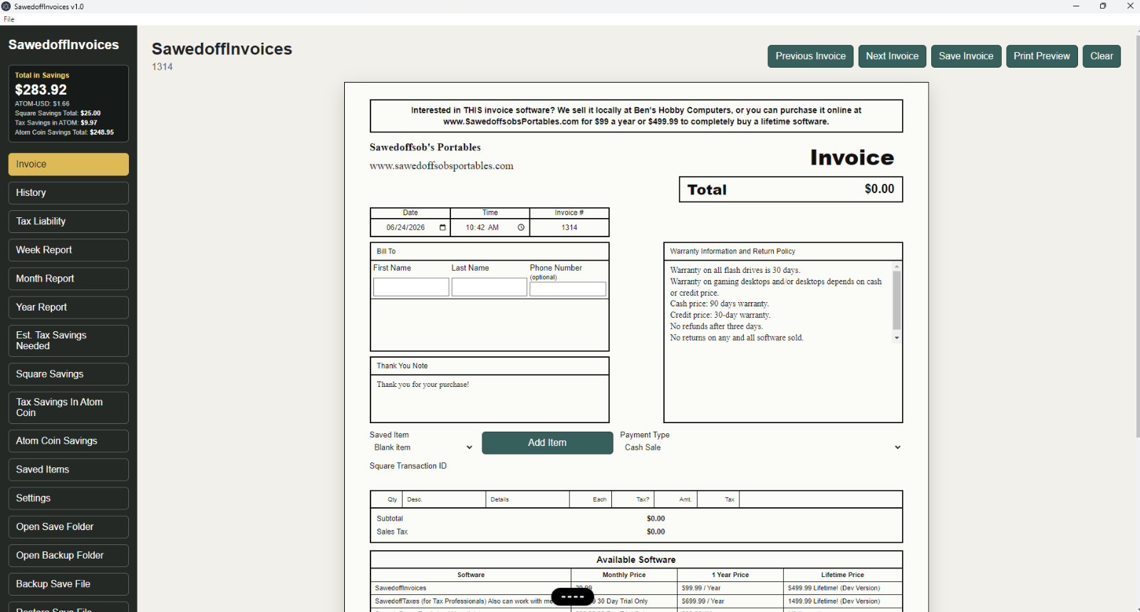 SawedoffInvoices Invoice BOOKS Invoicing Tax Planner Deluxe My TURBO Quick EASY