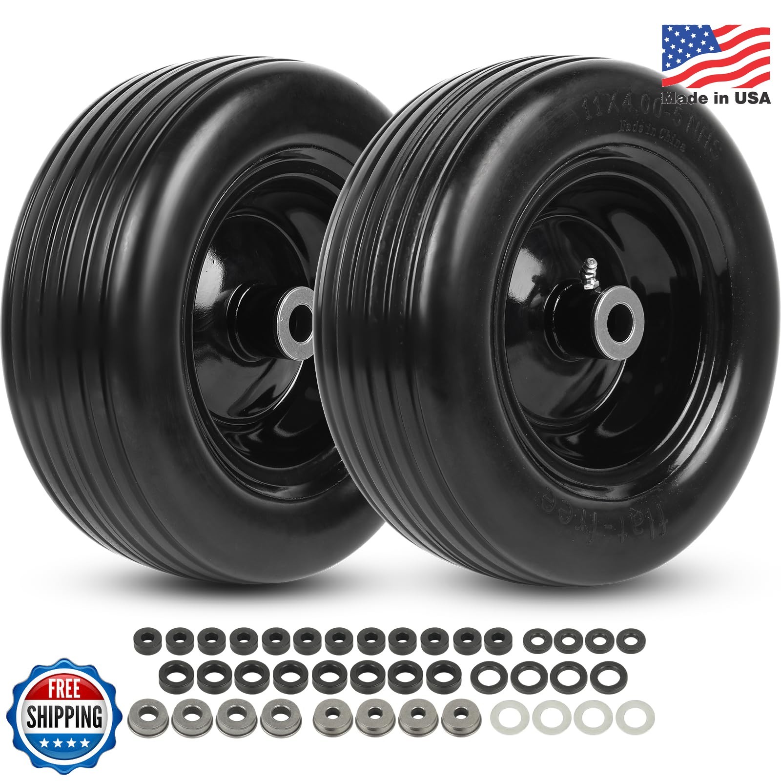 AR-PRO (2-Pack) 11x4.00-5 Flat-Free Tire and Wheel Assembly, 11x4-5 Solid Rib Tr