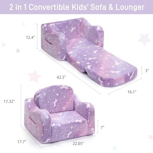 Thick Comfy Toddler Chair and Couch for Kids,2-in-1 Soft Flannel Purple Pony