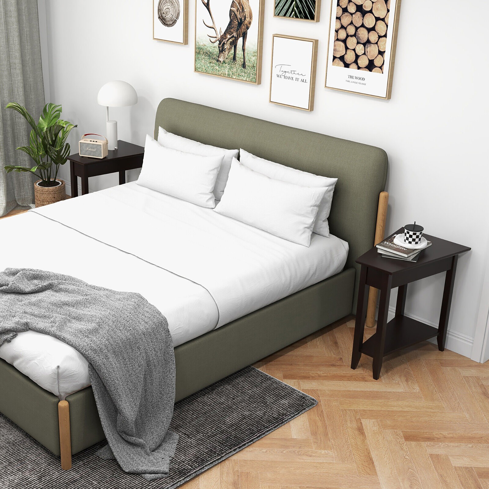 2-Tier End Table Irregular Narrow Sofa Side Nightstand w/ Storage Shelf Espresso
