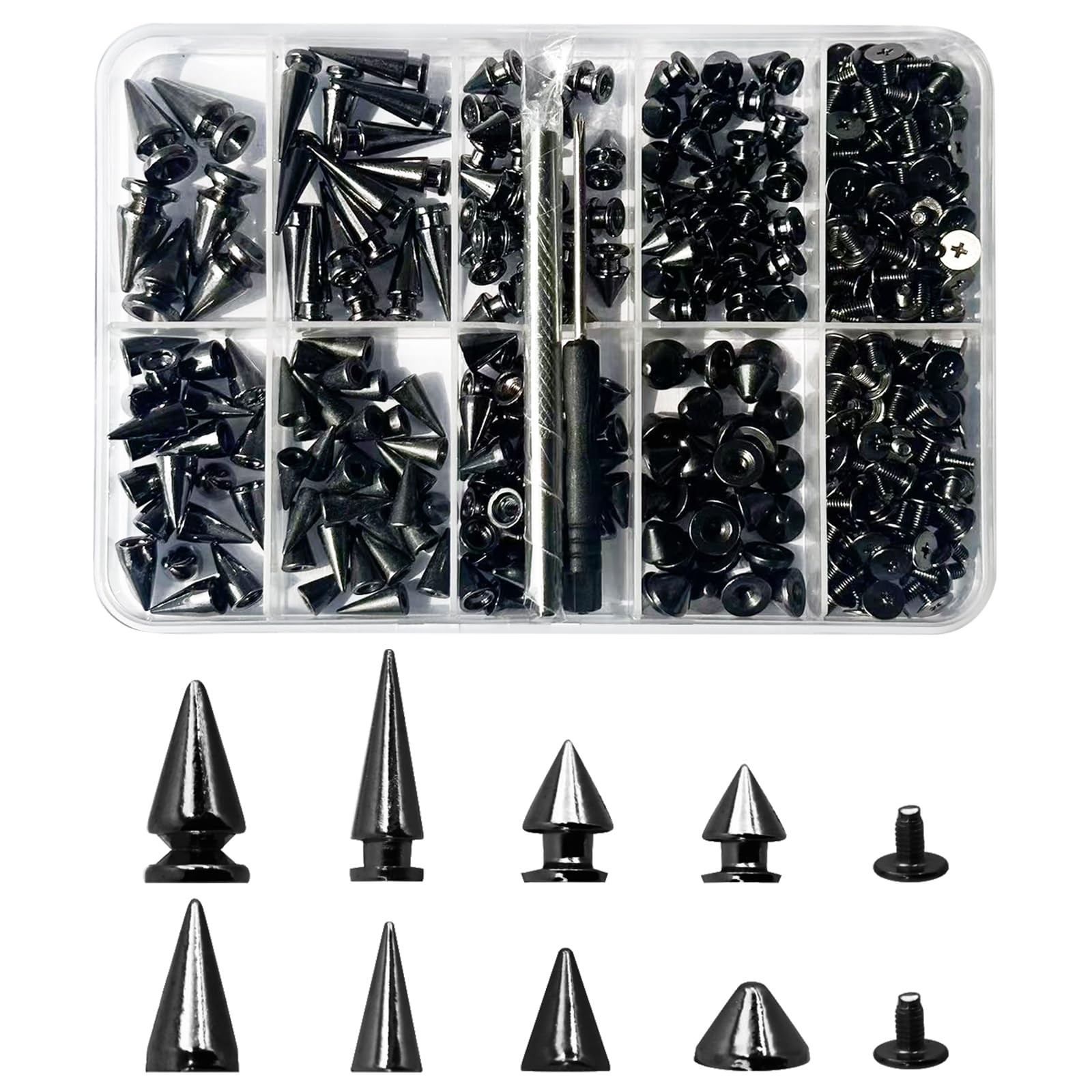354 Pcs Punk Spikes and Studs Kit 8 Sizes Metal Cone Spike Studs Rivets
