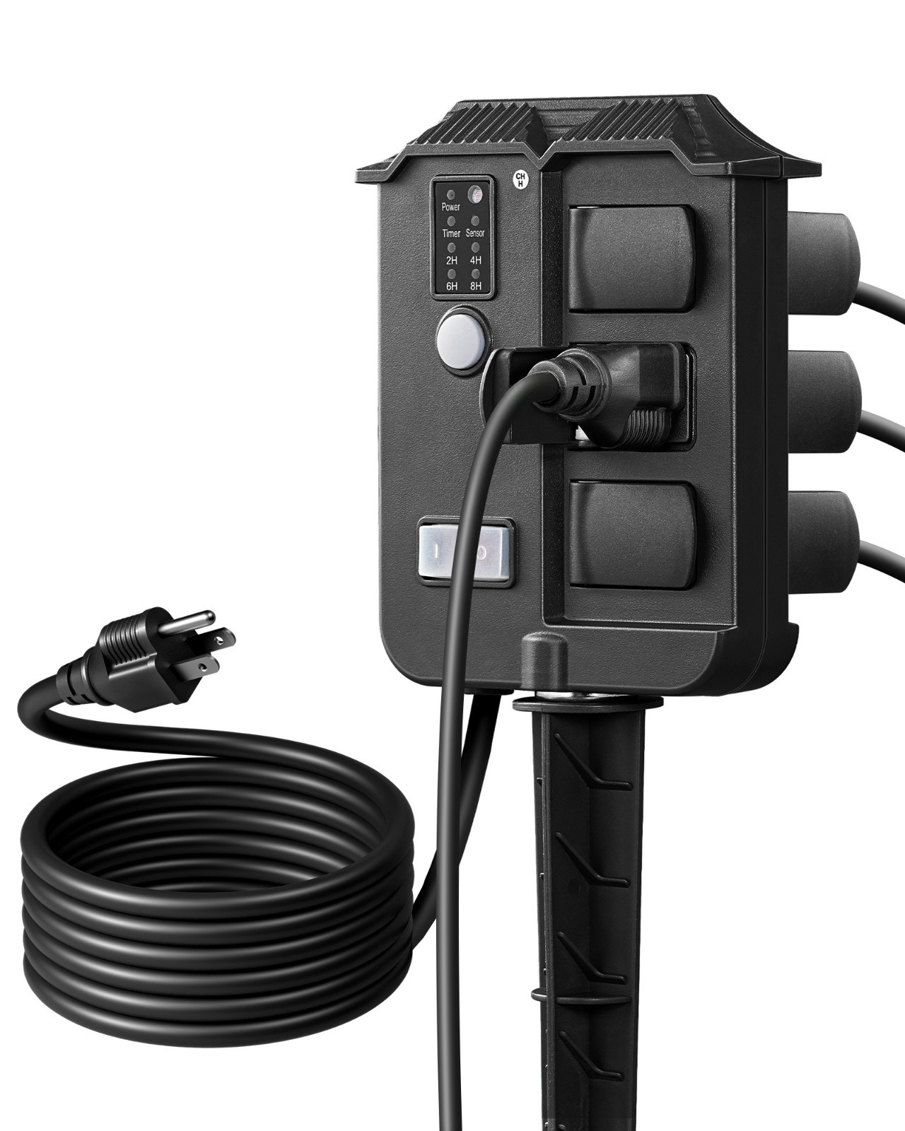 Outdoor Power Stake Light Timer w/ 6 Grounded Outlets, 13A 1625W, 6FT SJTW 16/3C