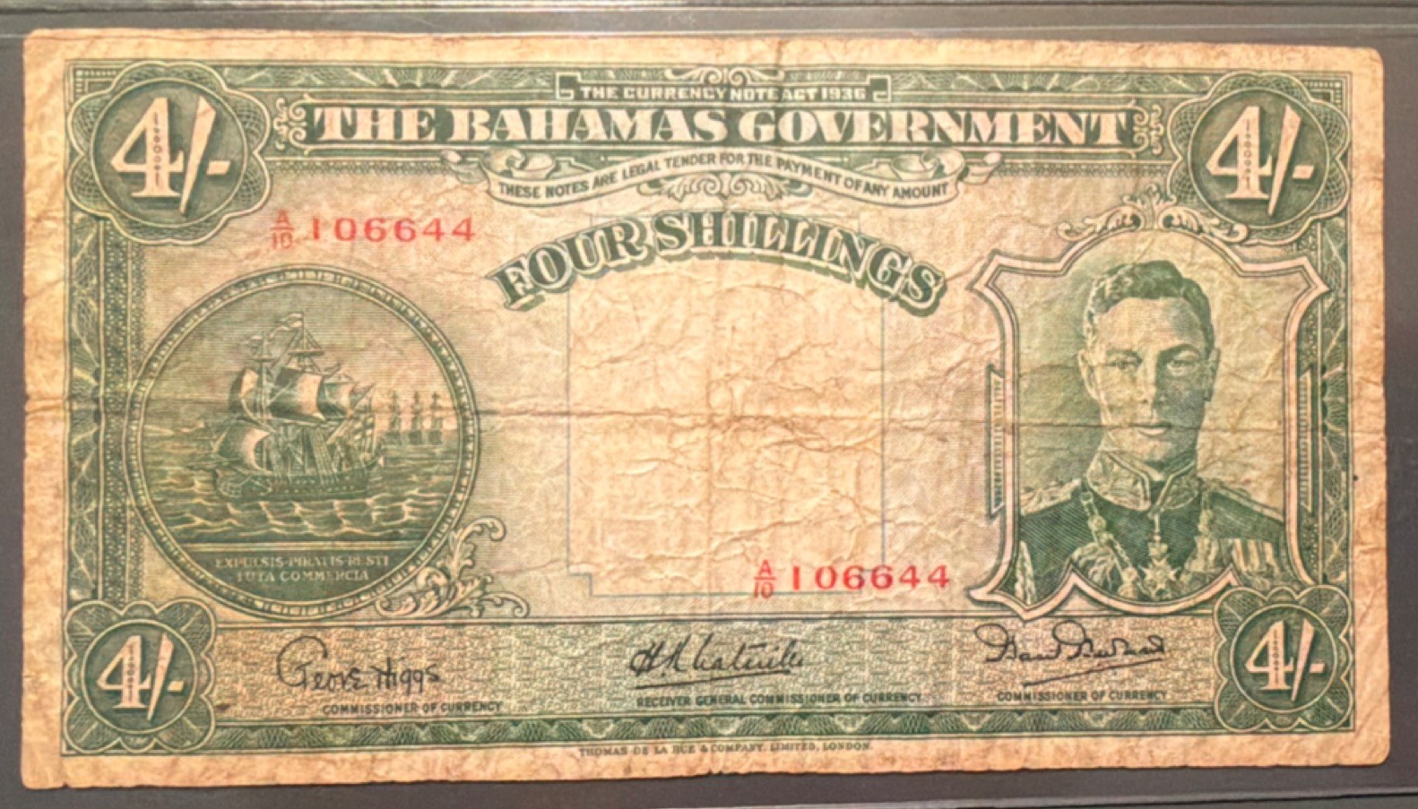 Bahamas Government Four Shillings Circulated Banknote 1936 A106644 Uncertified
