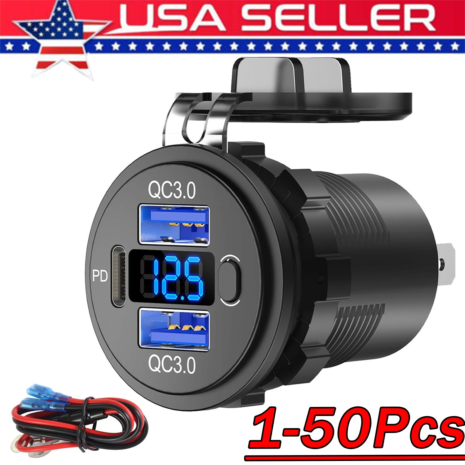12V-24V PD+QC3.0 Dual USB Car Fast Charger Power Socket Outlet LED Voltmeter Lot