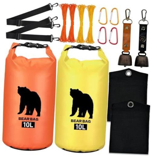 2 Pcs Waterproof Bear Bags with 4 Nylon Ropes, 4 Clips & 2 10L Orange+Yellow