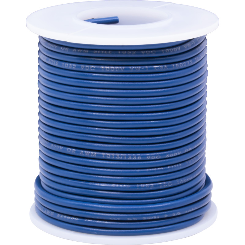 Wire, 22 AWG Solid Core, PVC, 600V, spooled, Length: 50 feet, Color: Blue