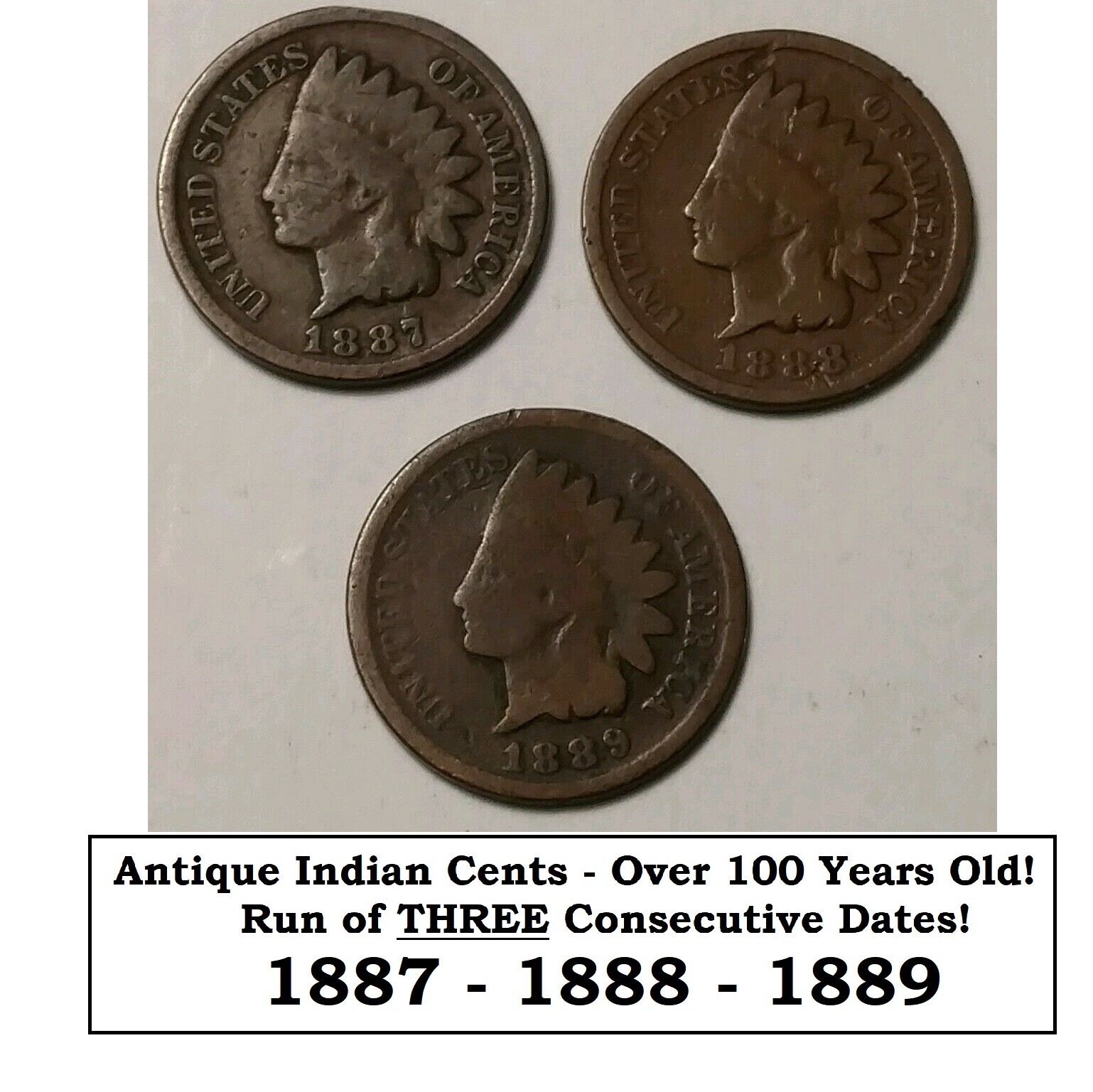 Lot run of 3 THREE Indian Head Cents 1887 1888 1889 Old US Antique Coins Set 13