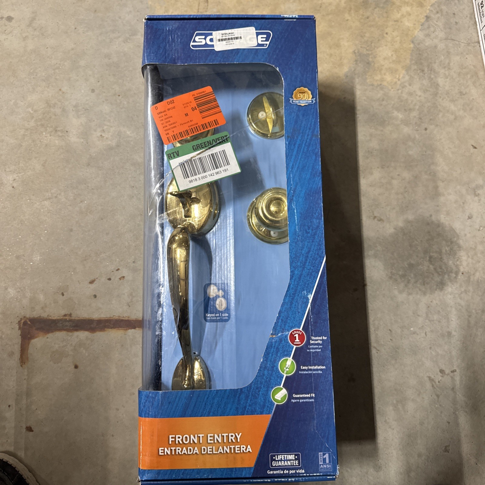 Schlage Plymouth Entrance Handleset F60 PLY 505 605 in Bright Brass Open Box