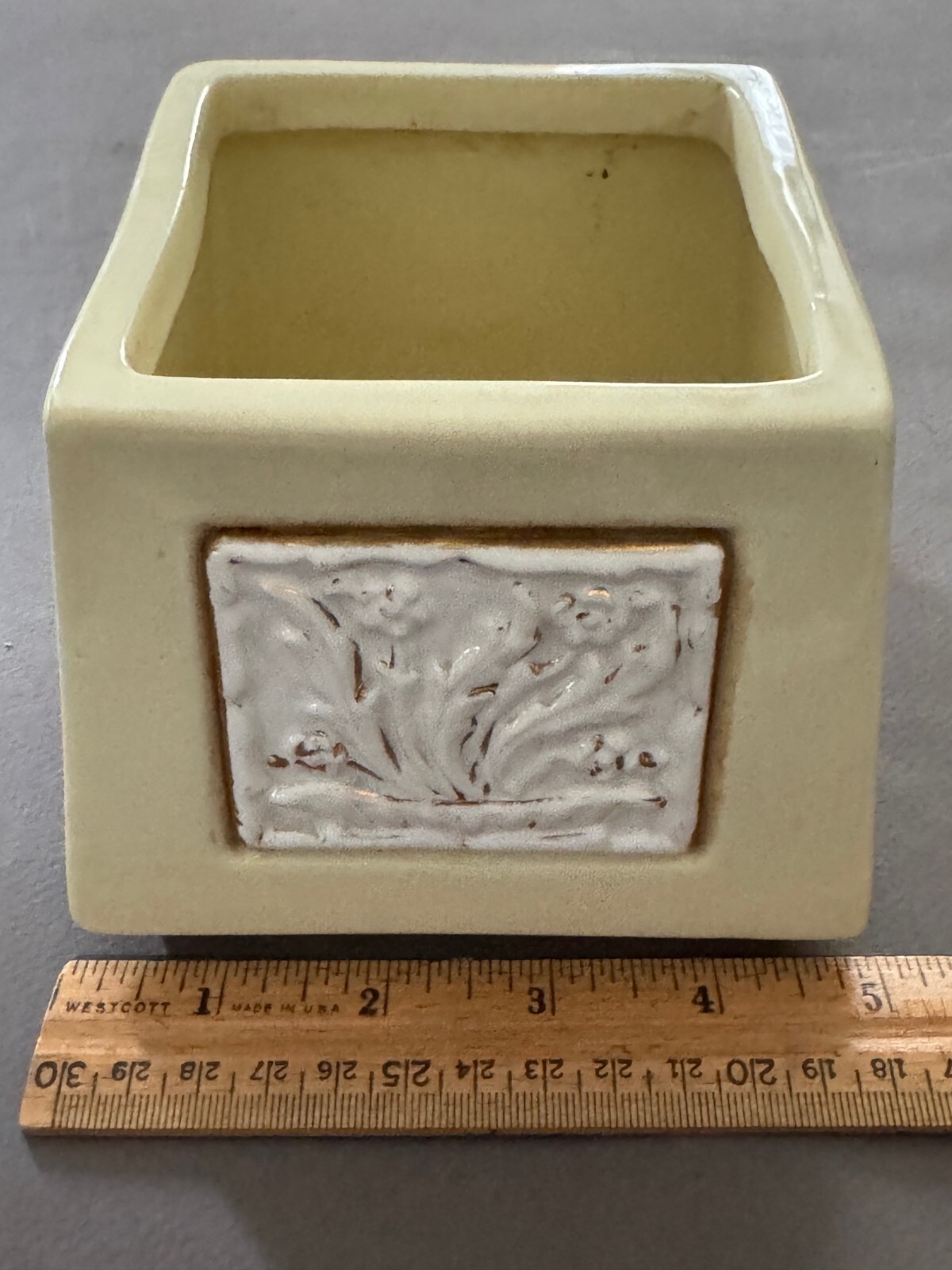 COORSITE PORCELAIN MCM SQUARE PALE YELLOW PLANTER VASE WITH APPLIED FLOWER TILE