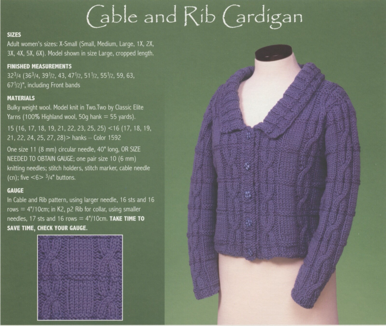 Vermont Fiber Designs Knitting Pattern 129 Cable & Rib Cardigan Women 32"-67.5"