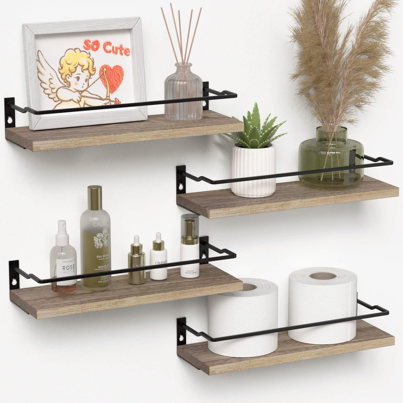 4-Piece Wall-Mounted Paulownia Wood Bathroom Shelves Set - 20 lb Cap, Black