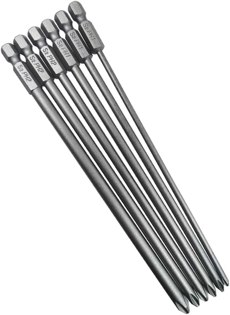 6Pcs 1/4 Inch Hex Shank Long Phillips Head Screwdriver Bits Set Magnetic Cross H