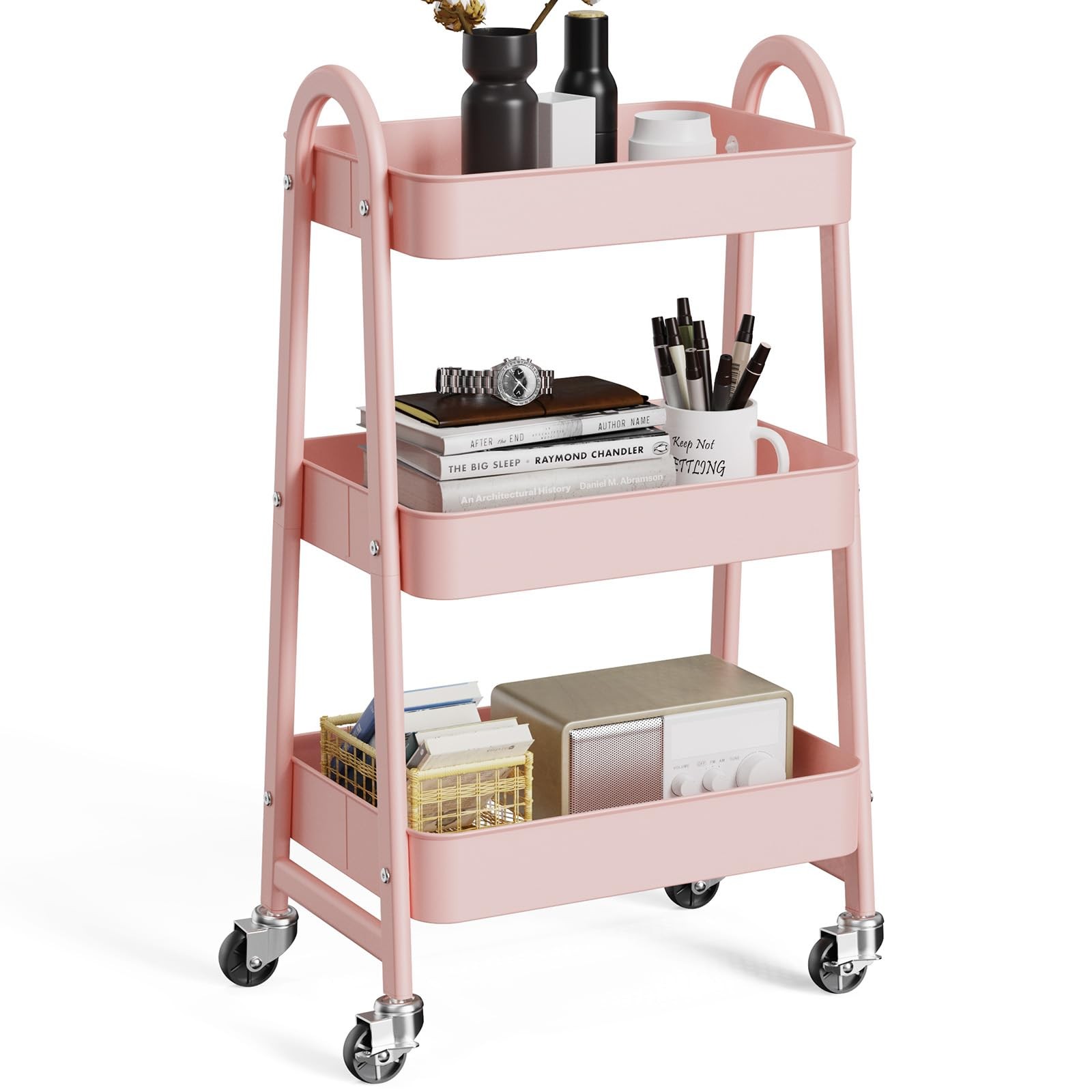 3 Tier Utility Rolling Cart Metal Mobile Storage Shelf Lockable Wheels Pink