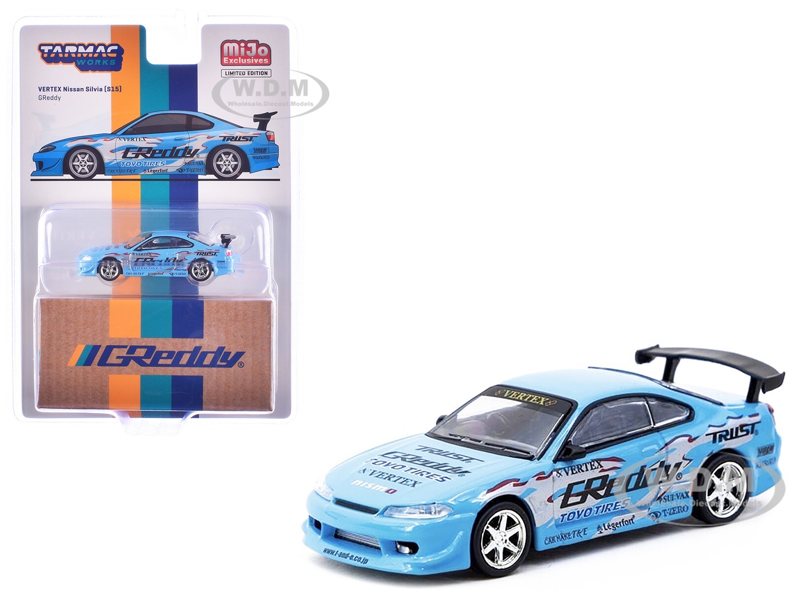 NISSAN SILVIA S15 VERTEX RHD "GREDDY" LIGHT BLUE 1/64 TARMAC WORKS T64G-023-GDY