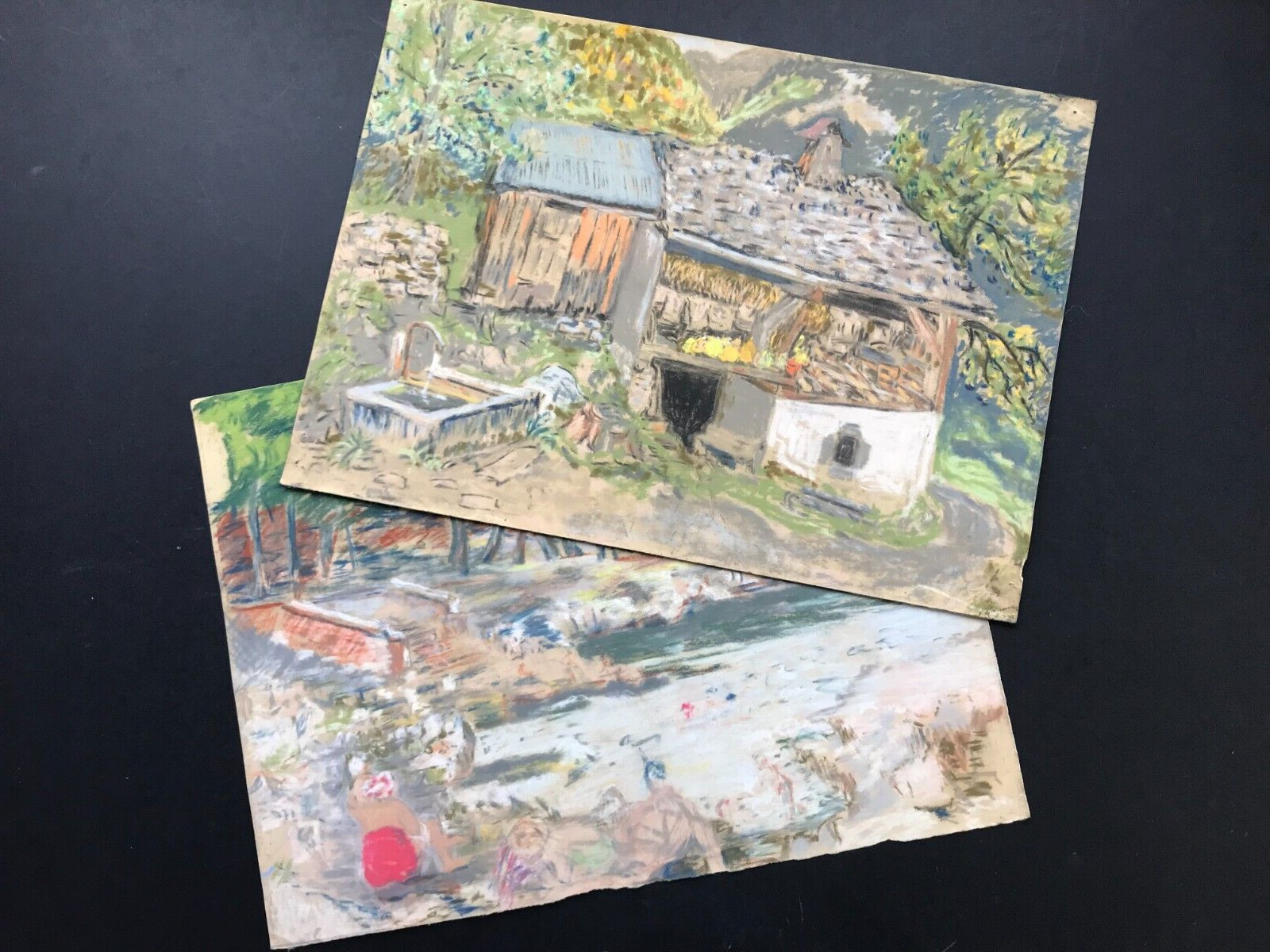 Victorian Pastel/Chalk Sketches x 2 Rural Scene Waterside Scene