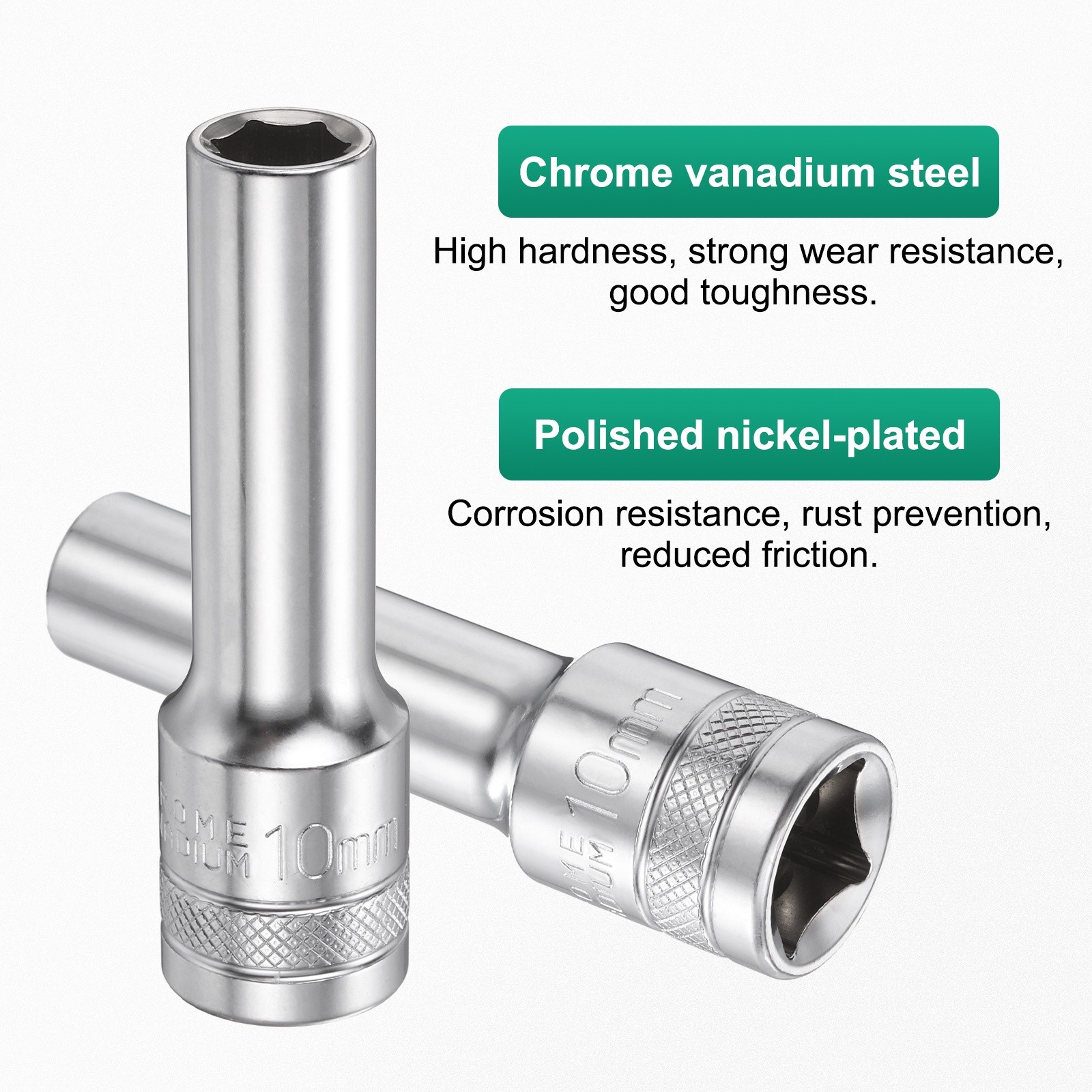 2pcs 6 Points Deep Socket 1/2" Drive 10mm Nickel Plating Hex Socket 3.1" Long