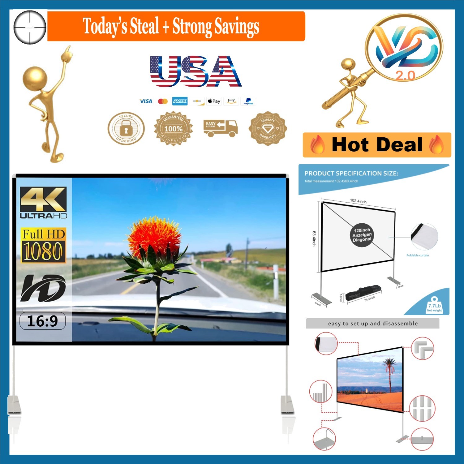120-inch Portable Projector Screen with Stand 16:9 HD Indoor Outdoor