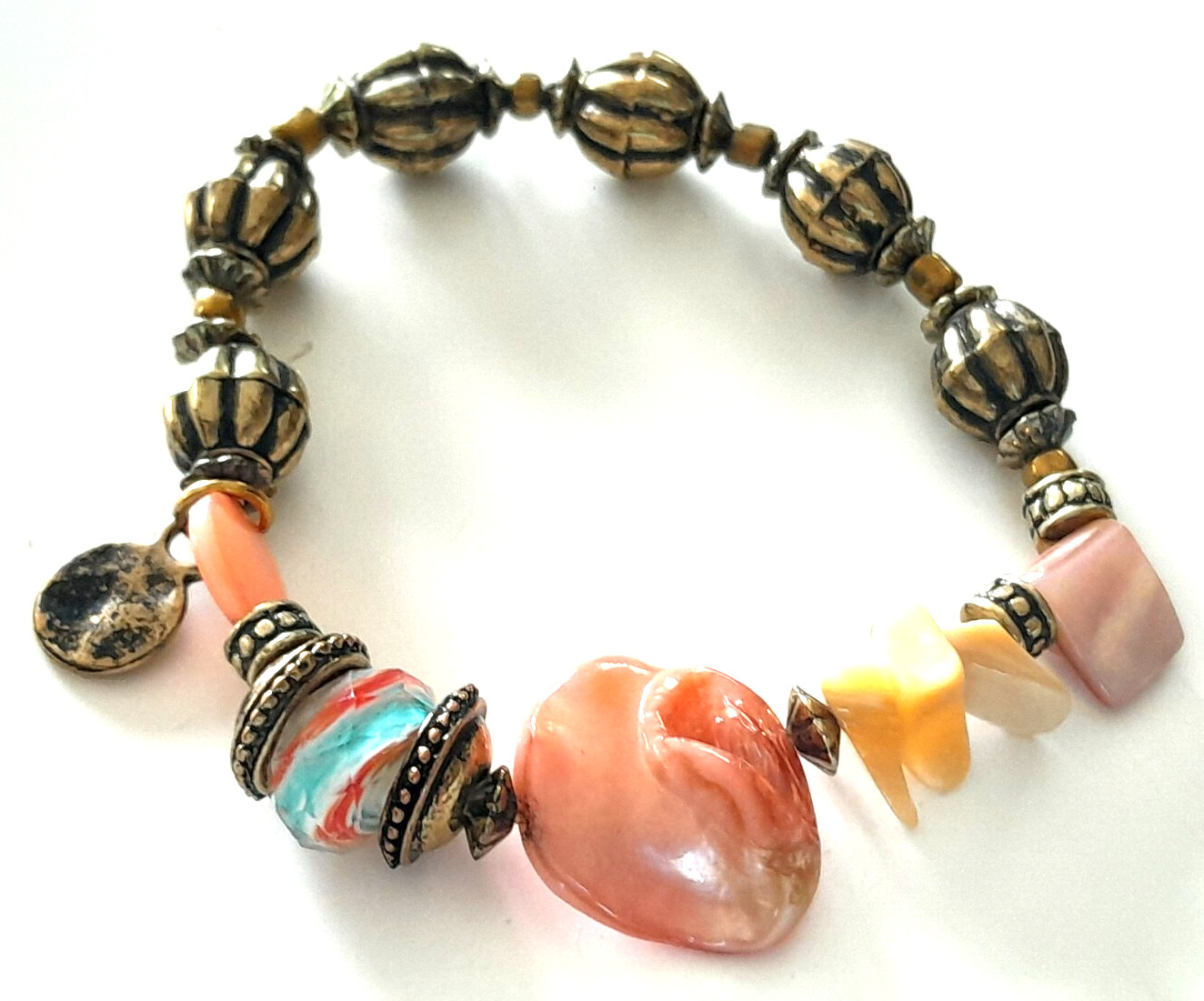 Handcrafted Beaded Stretch Bracelet W/  Earthy Gemstones Shell & Bronze  Accents